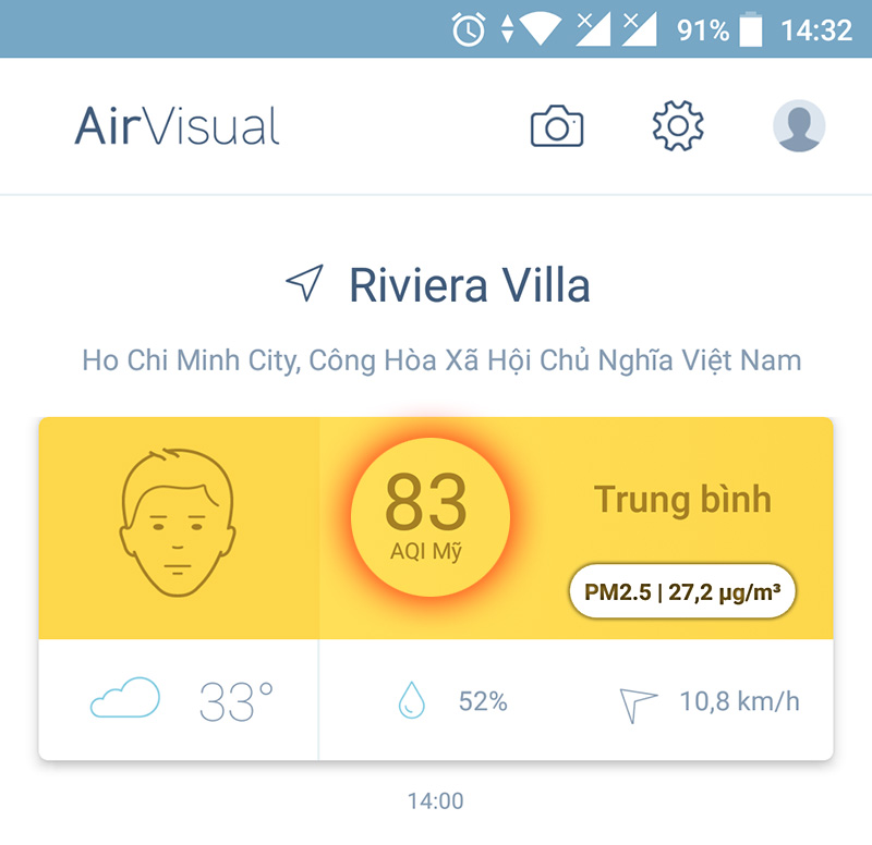 Giao diện chính ứng dụng AirVisual 