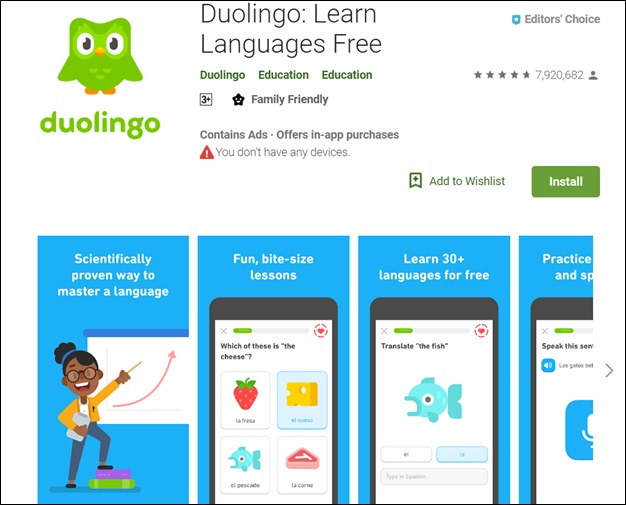 Ứng dụng học ngoại ngữ Duolingo