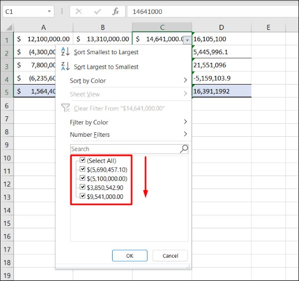 Excel sẽ hiển thị danh sách giá trị được sắp xếp tăng dần