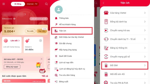 Mở mục Tiện ích → chọn Đổi SIM