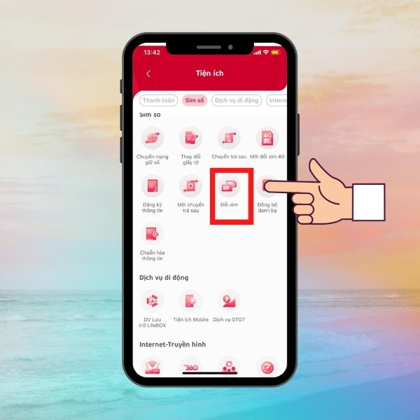 Mở mục Tiện ích → chọn Đổi SIM