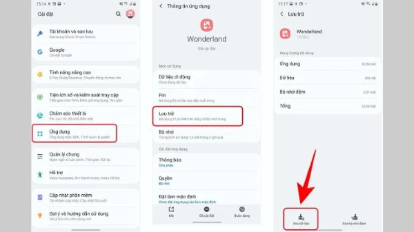 Chọn Ứng dụng → Chọn ứng dụng → Lưu trữ → Xóa bộ nhớ đệm