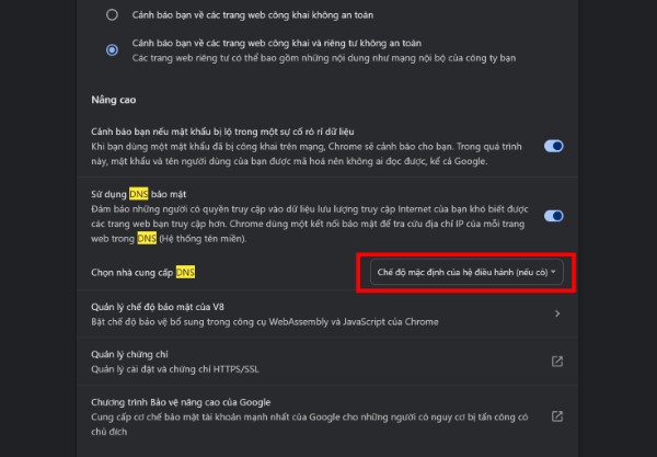 Chọn mục Chế độ mặc định của nhà cung cấp DNS